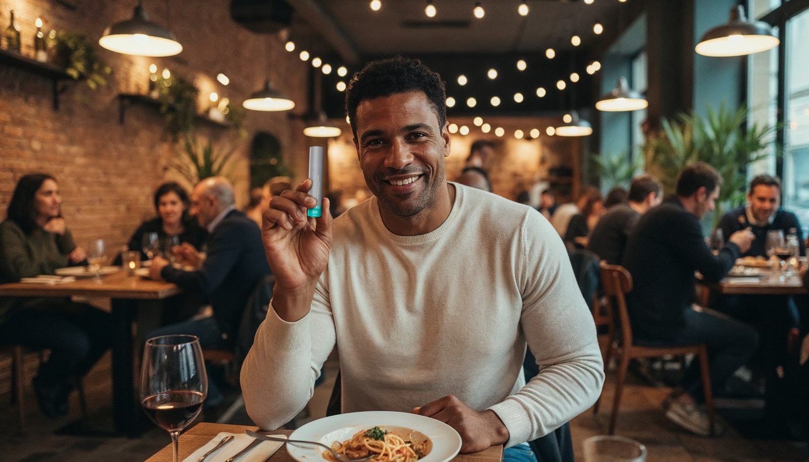 Man dining out while using THIN-R for appetite support