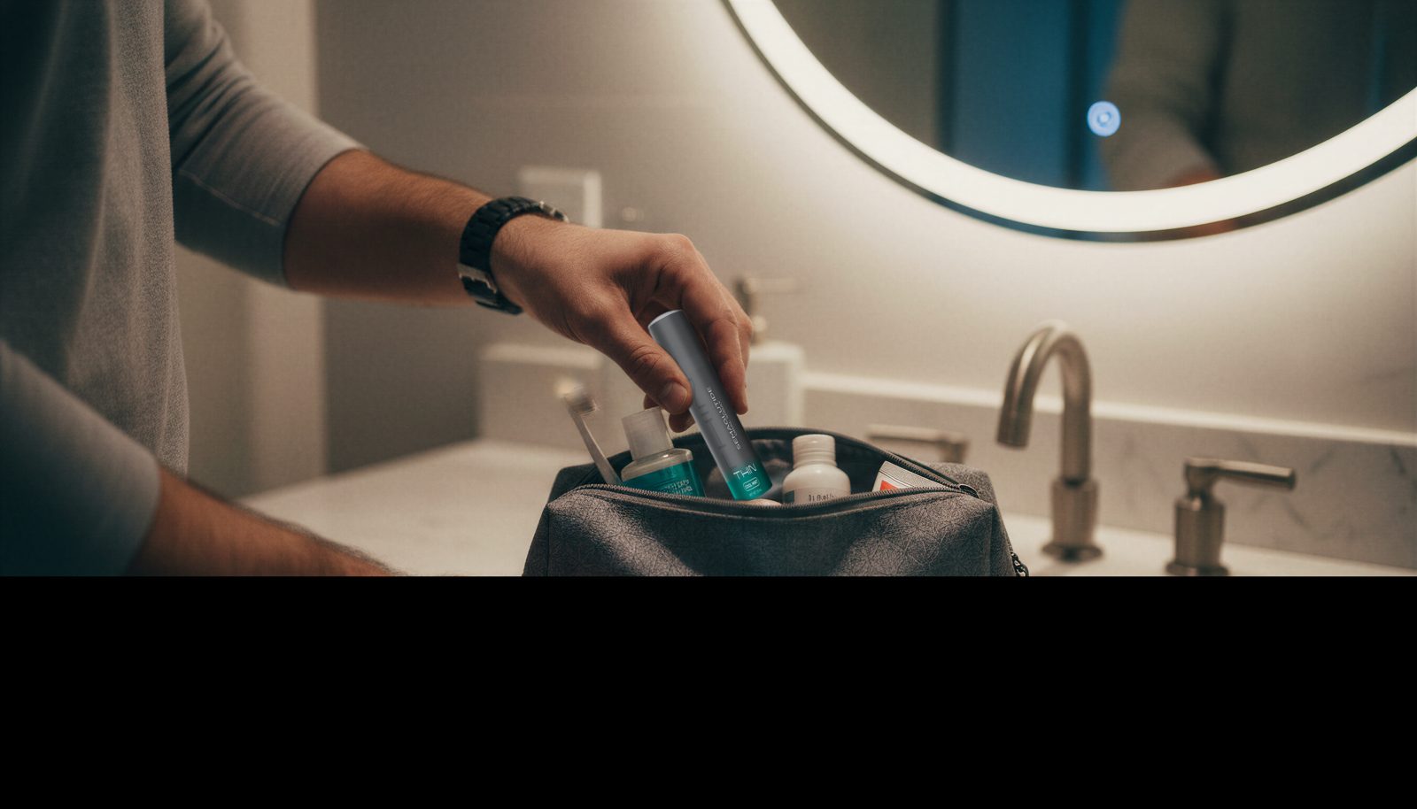 THIN-R packed in a travel toiletry bag, no refrigeration needed