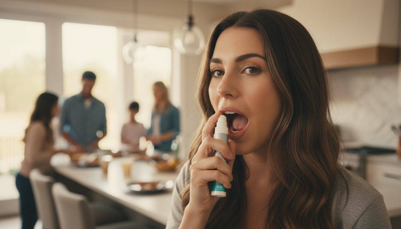 Woman using THIN-ST oral sublingual spray